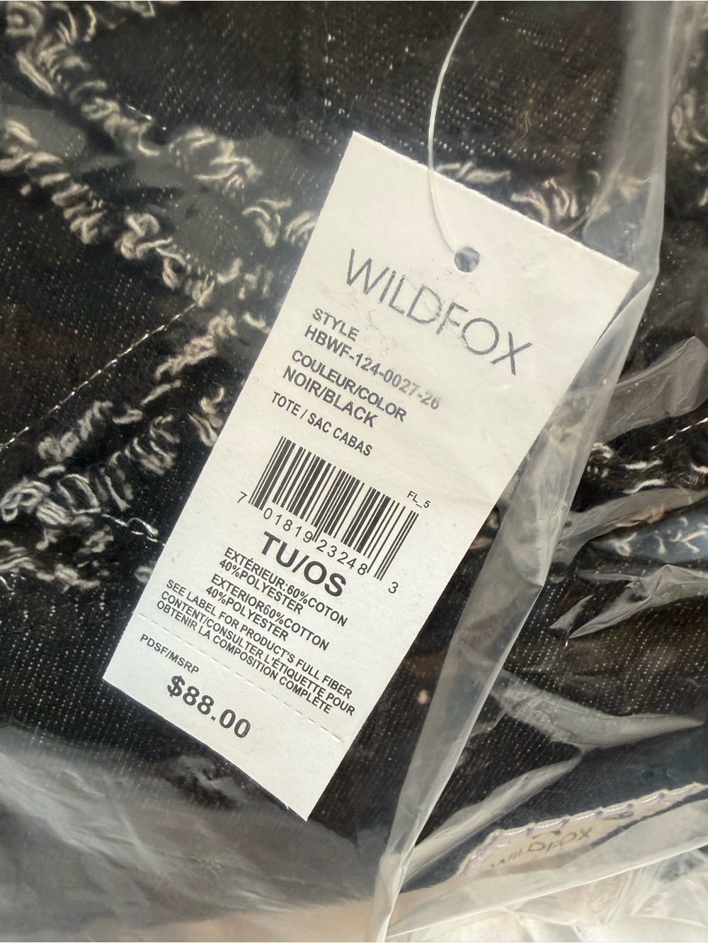 NWT Wildfox Black Frayed Denim Canvas Tote Bag Oversized Shopper $88 MSRP - Picture 3 of 7